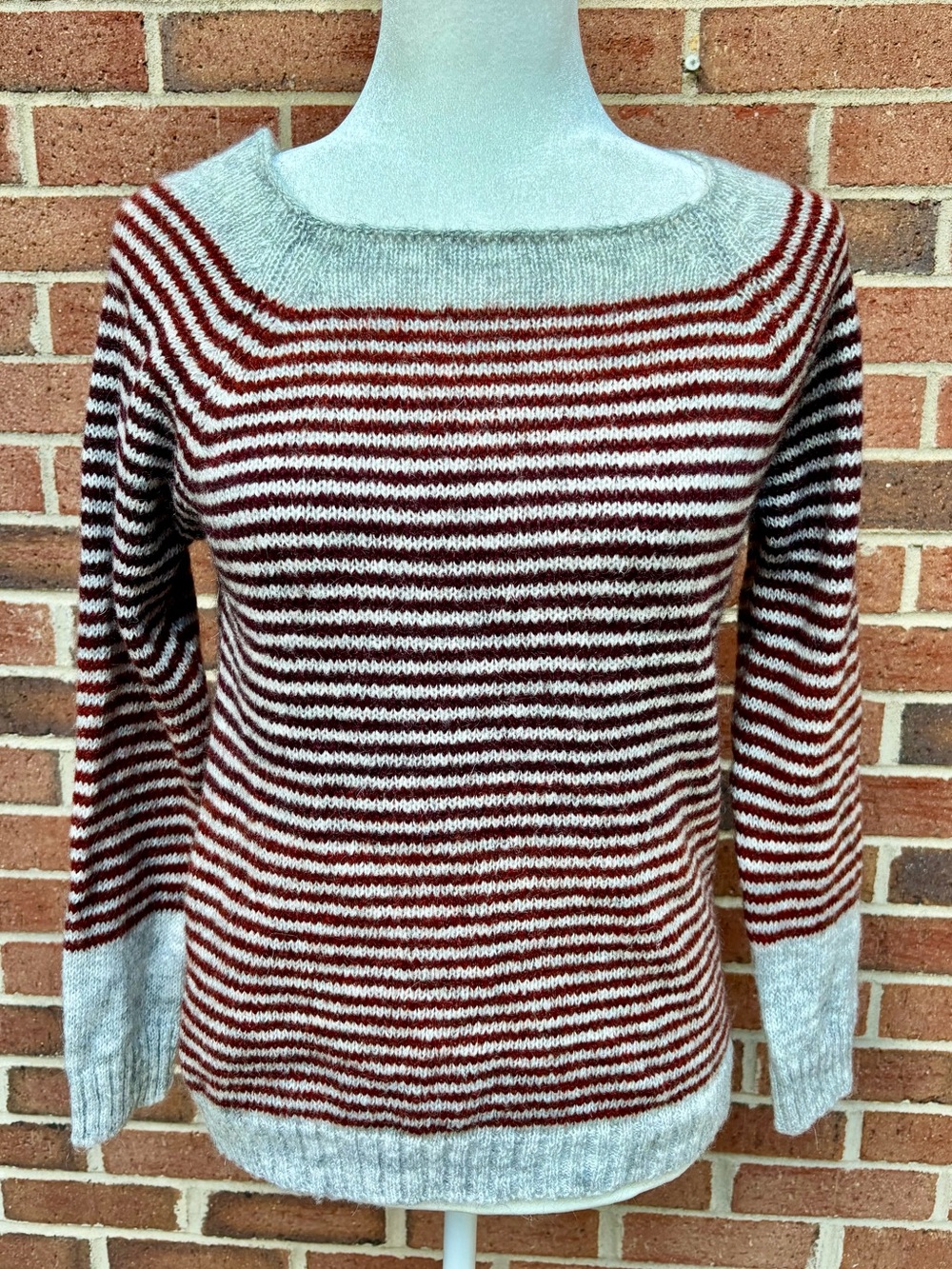 Cocogio XS Mohair Blend Striped Sweater Burgundy Gray Boat Neck